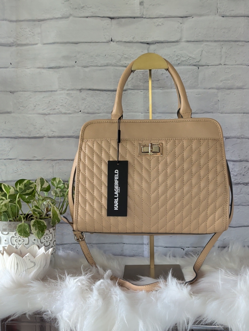 NWT Karl Lagerfeld Quilted Beige Satchel with Gold Hardware